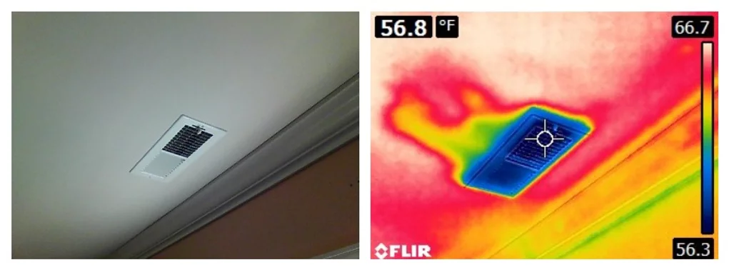 Infrared image of heat loss from duct in a home