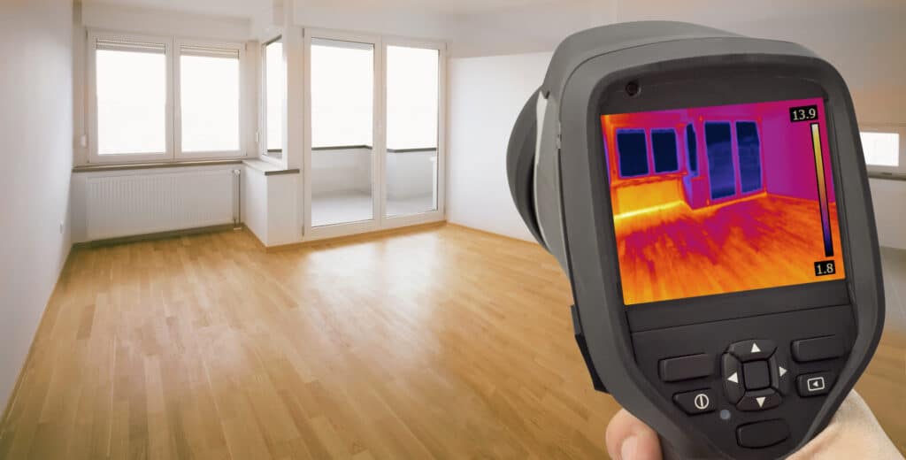 Thermal imaging camera showing heat loss in a room