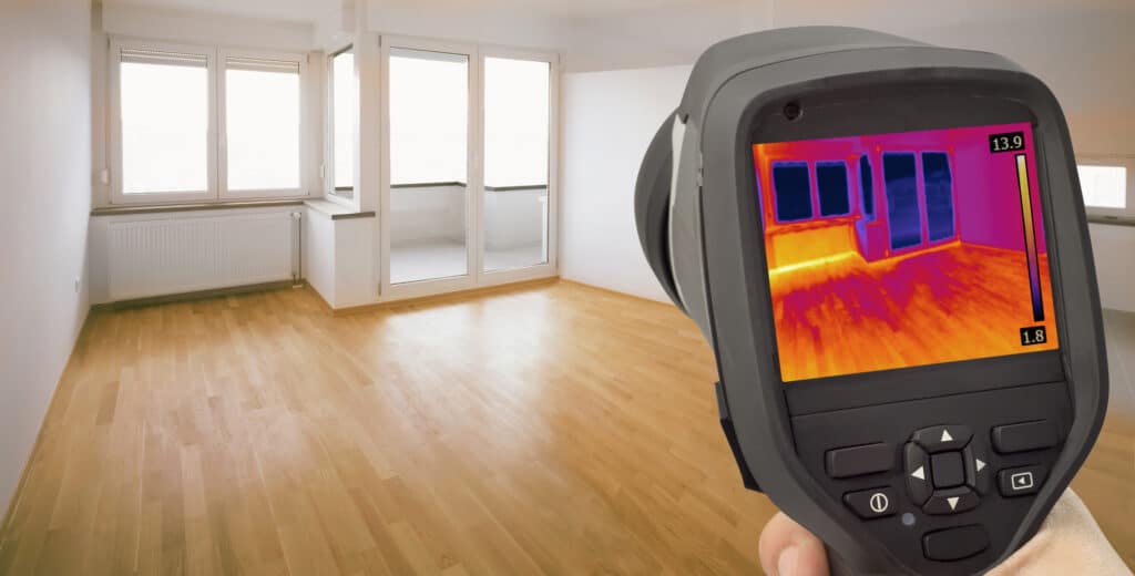 Thermal imaging camera showing heat loss in a room